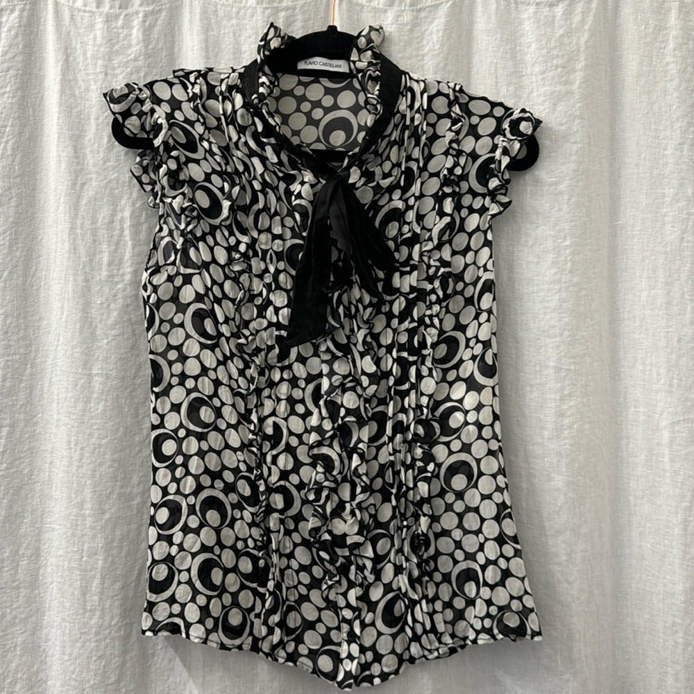 Flavio Castellani Silk Flutter Sleeve Blouse Black Front Neck Bow Ruffle Details